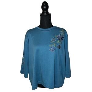 Bonworth Vintage Top 90s Knit Blue Embroidered Short Sleeved Cutouts Women’s L